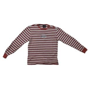 HUF Men's Size Small Grey & Red Striped Cotton Long Sleeve Crew Neck Pullover